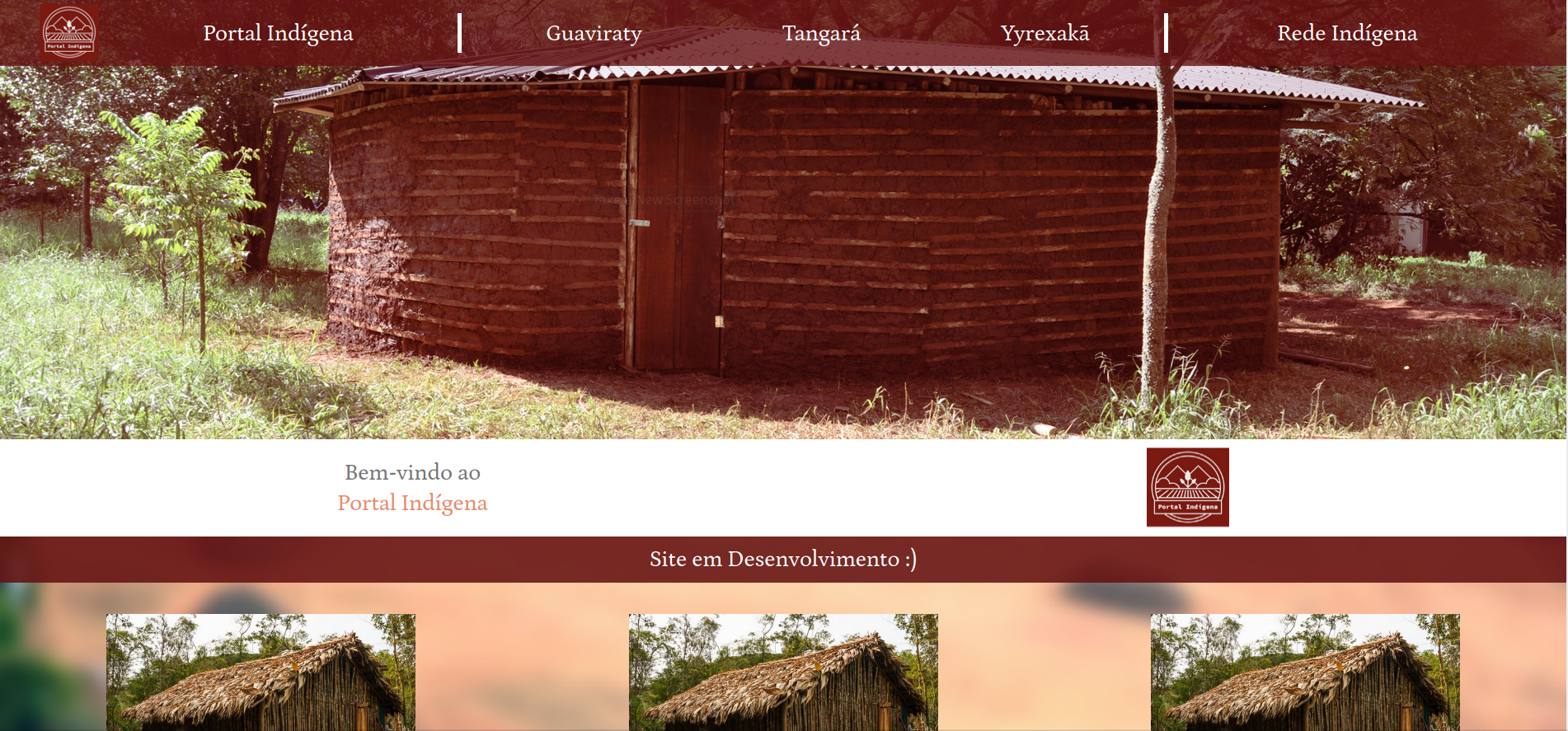 Captura de tela da página inicial do portal em desenvolvimento. Em cima, uma barra de navegação levando a páginas de aldeias e à página da Rede Indígena. No resto da página, uma imagem grande de uma casa de reza e imagens pequenas de aldeias individuais (no momento, as imagens são iguais).