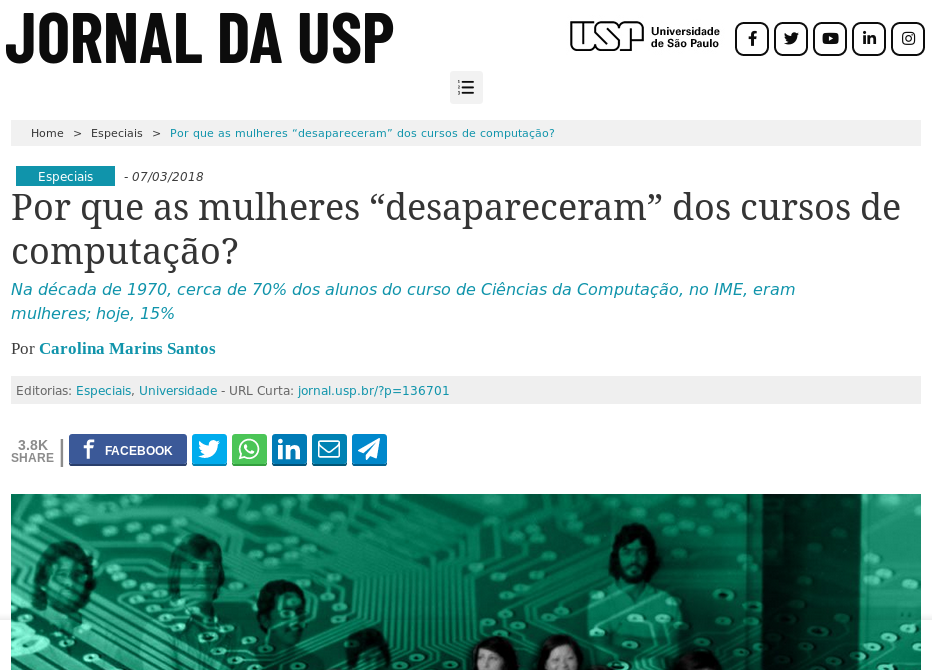 Captura de tela do artigo do Jornal da Usp: "Por que as mulheres "desapareceram" dos cursos de computação?