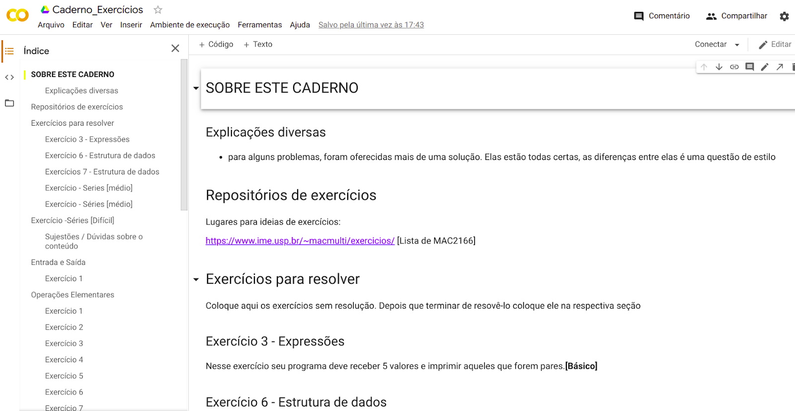 Caderno do curso no Google Colaboratory, com exercícios e com uma barra de ferramentas em cima.